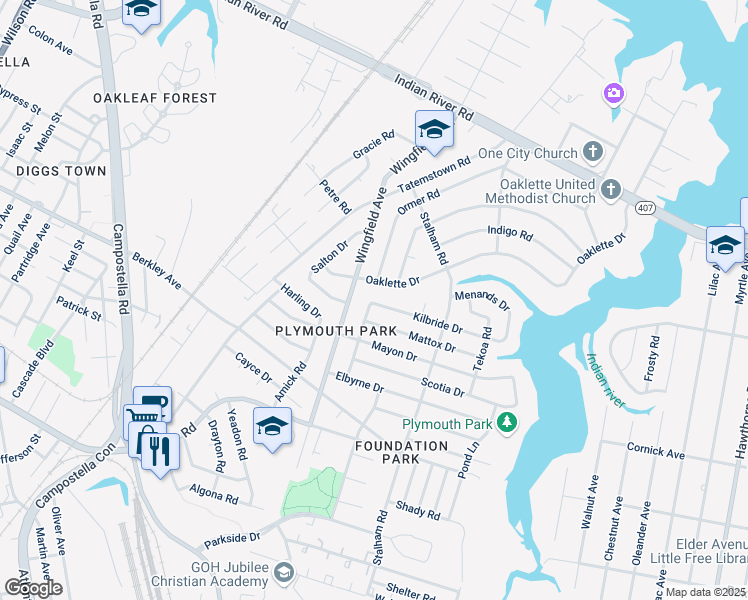 map of restaurants, bars, coffee shops, grocery stores, and more near 500 Mooney Road in Chesapeake
