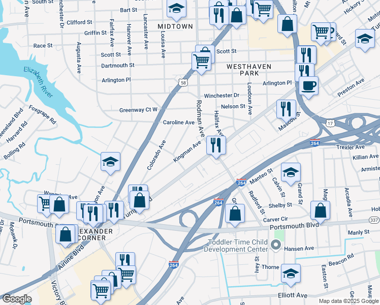 map of restaurants, bars, coffee shops, grocery stores, and more near 3719 Kingman Avenue in Portsmouth