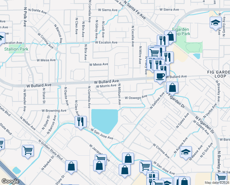 map of restaurants, bars, coffee shops, grocery stores, and more near 4659 West Celeste Avenue in Fresno