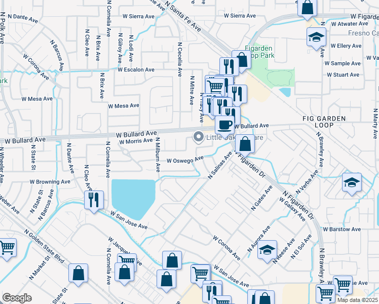 map of restaurants, bars, coffee shops, grocery stores, and more near 4505 West Celeste Avenue in Fresno