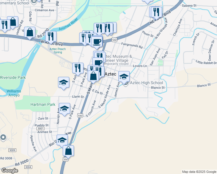 map of restaurants, bars, coffee shops, grocery stores, and more near 308 East Chuska Street in Aztec