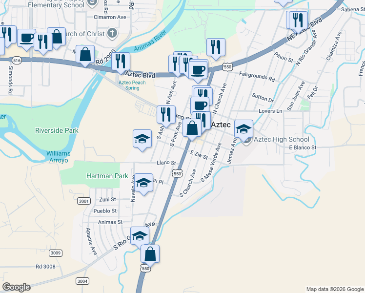 map of restaurants, bars, coffee shops, grocery stores, and more near 216 North Main Avenue in Aztec