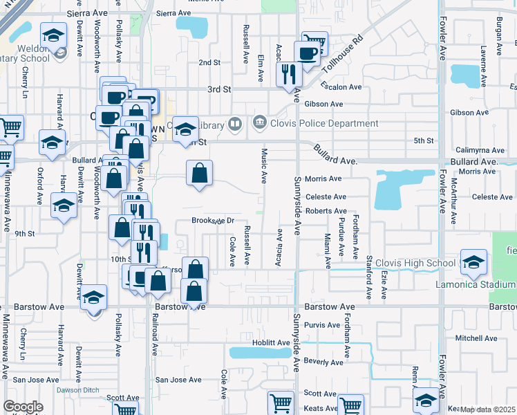 map of restaurants, bars, coffee shops, grocery stores, and more near 805 Russell Avenue in Clovis