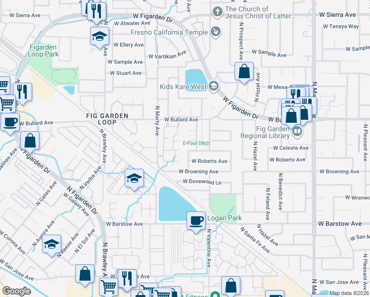 map of restaurants, bars, coffee shops, grocery stores, and more near 5640 North Marty Avenue in Fresno
