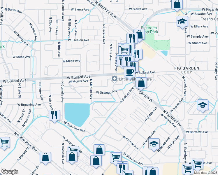 map of restaurants, bars, coffee shops, grocery stores, and more near 4505 West Celeste Avenue in Fresno