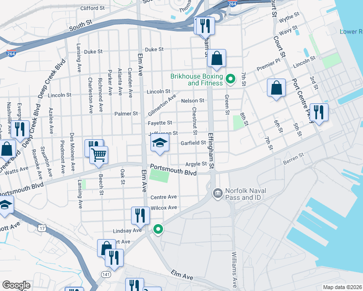 map of restaurants, bars, coffee shops, grocery stores, and more near 2408 Peach Street in Portsmouth