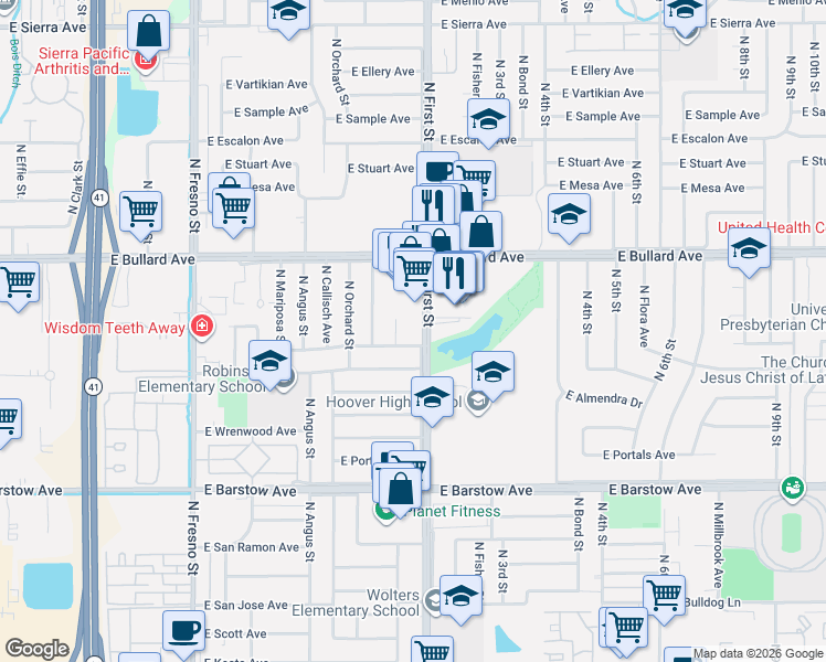 map of restaurants, bars, coffee shops, grocery stores, and more near 5665 North First Street in Fresno
