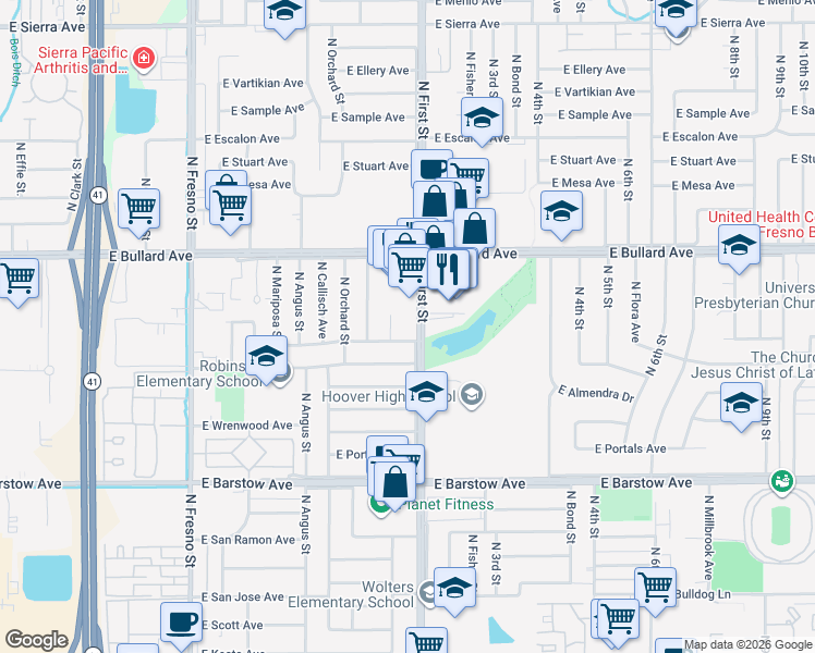 map of restaurants, bars, coffee shops, grocery stores, and more near 5665 North First Street in Fresno