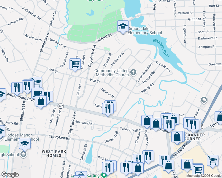 map of restaurants, bars, coffee shops, grocery stores, and more near 4807 Vick Street in Portsmouth
