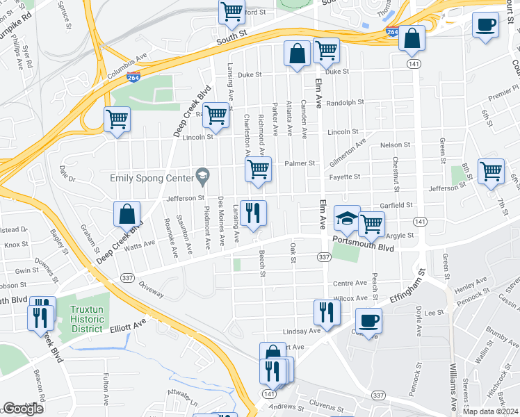 map of restaurants, bars, coffee shops, grocery stores, and more near 2316 Richmond Avenue in Portsmouth