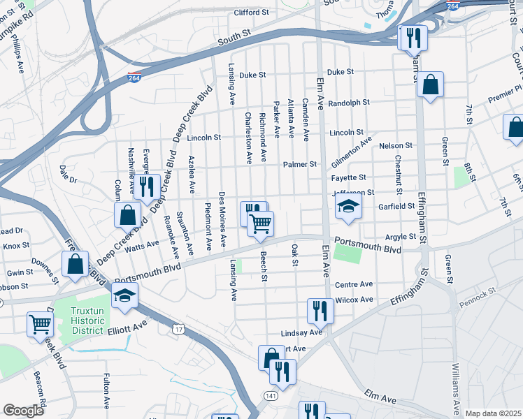 map of restaurants, bars, coffee shops, grocery stores, and more near 2316 Richmond Ave in Portsmouth
