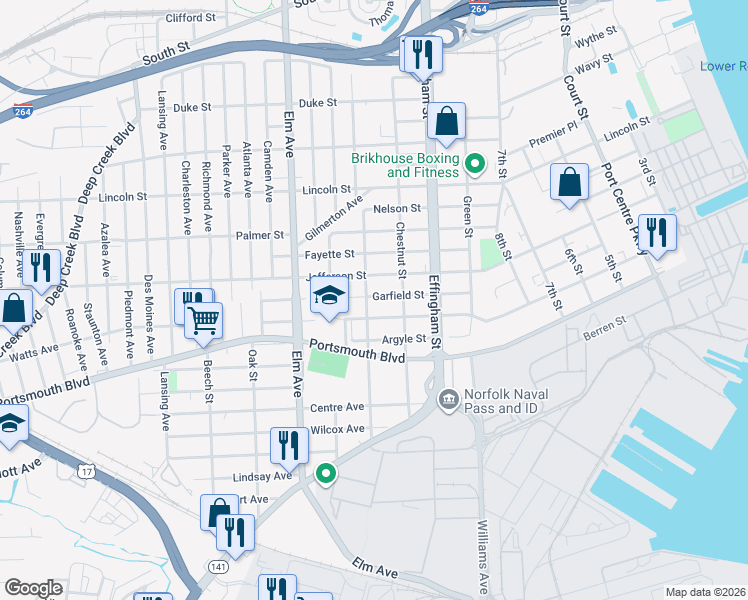 map of restaurants, bars, coffee shops, grocery stores, and more near 2408 Peach Street in Portsmouth