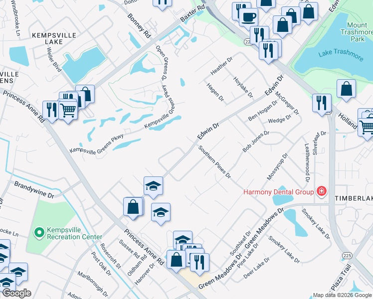map of restaurants, bars, coffee shops, grocery stores, and more near 616 Meadows Drive in Virginia Beach