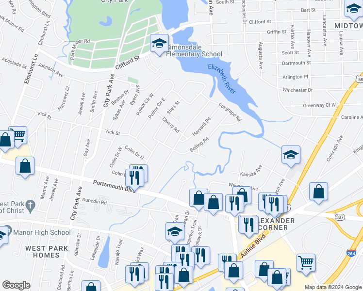 map of restaurants, bars, coffee shops, grocery stores, and more near 39 Bolling Road in Portsmouth