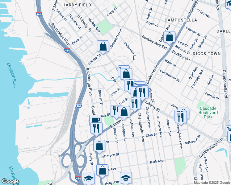 map of restaurants, bars, coffee shops, grocery stores, and more near 1312 19th Street in Chesapeake