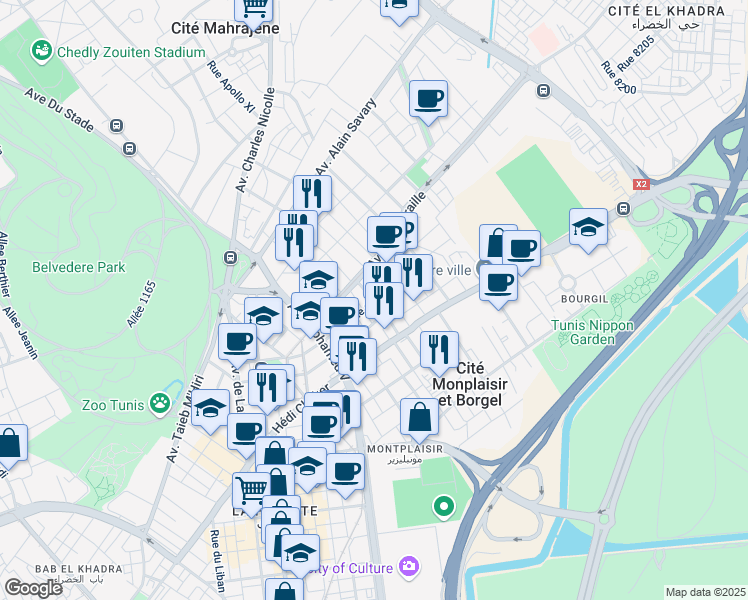map of restaurants, bars, coffee shops, grocery stores, and more near Rue du Niger in Tunis