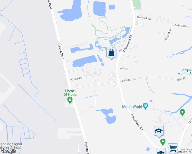 map of restaurants, bars, coffee shops, grocery stores, and more near 1273 Credle Road in Virginia Beach