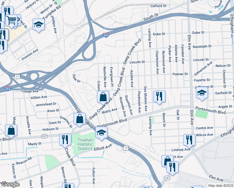 map of restaurants, bars, coffee shops, grocery stores, and more near 2405 Deep Creek Boulevard in Portsmouth
