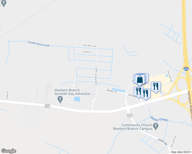 map of restaurants, bars, coffee shops, grocery stores, and more near Jolliff Landing Parkway in Chesapeake