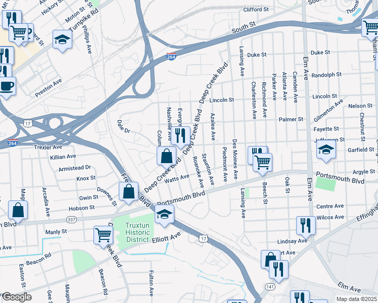 map of restaurants, bars, coffee shops, grocery stores, and more near 2405 Deep Creek Boulevard in Portsmouth