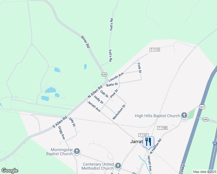 map of restaurants, bars, coffee shops, grocery stores, and more near 201 Batte Street in Jarratt