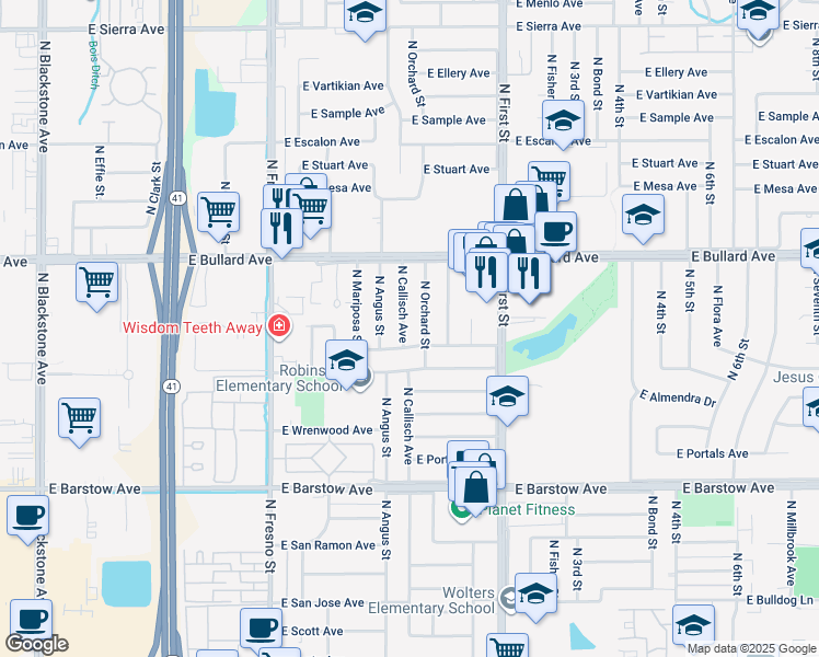 map of restaurants, bars, coffee shops, grocery stores, and more near 5676 North Callisch Avenue in Fresno