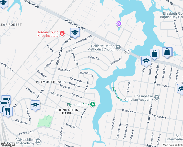 map of restaurants, bars, coffee shops, grocery stores, and more near 3029 Yakima Road in Chesapeake