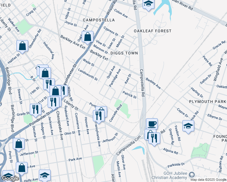 map of restaurants, bars, coffee shops, grocery stores, and more near 801 Westgate Street in Chesapeake