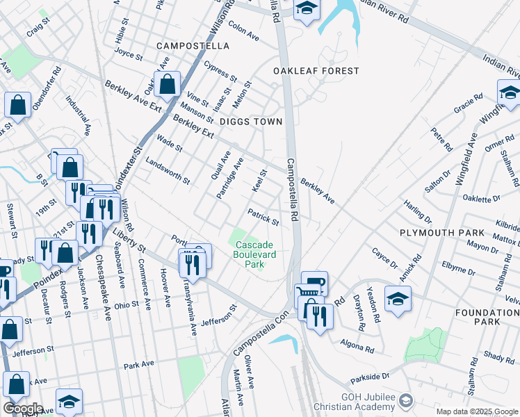 map of restaurants, bars, coffee shops, grocery stores, and more near 904 Cascade Boulevard in Chesapeake