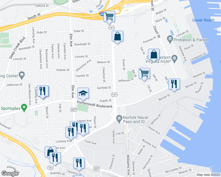 map of restaurants, bars, coffee shops, grocery stores, and more near 809 Garfield Street in Portsmouth