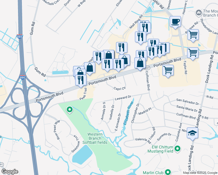 map of restaurants, bars, coffee shops, grocery stores, and more near 2216 Capri Circle in Chesapeake