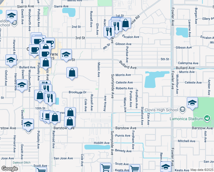 map of restaurants, bars, coffee shops, grocery stores, and more near 776 Acacia Avenue in Clovis