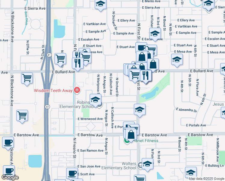 map of restaurants, bars, coffee shops, grocery stores, and more near 5676 North Callisch Avenue in Fresno