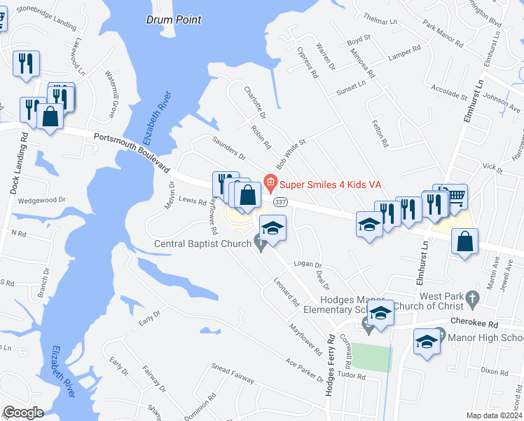 map of restaurants, bars, coffee shops, grocery stores, and more near 975 Hodges Ferry Road in Portsmouth