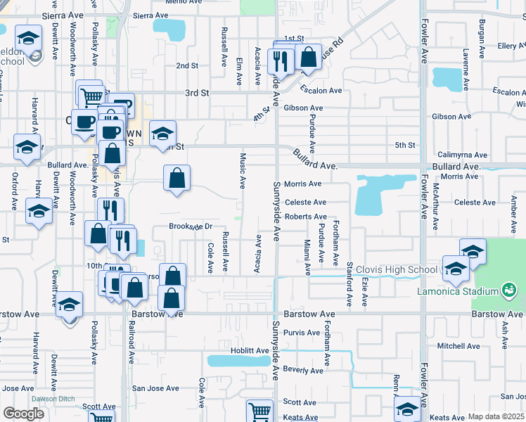 map of restaurants, bars, coffee shops, grocery stores, and more near 776 Acacia Avenue in Clovis
