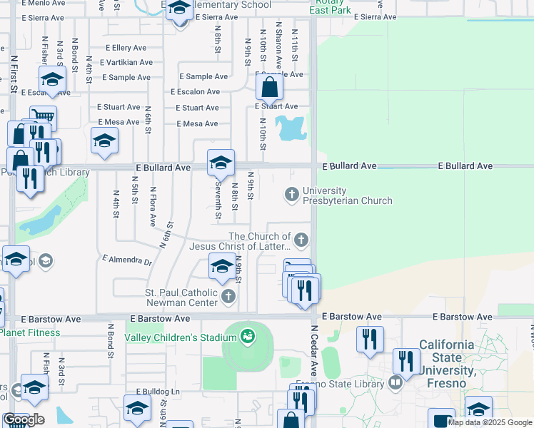 map of restaurants, bars, coffee shops, grocery stores, and more near 1674 East Roberts Avenue in Fresno