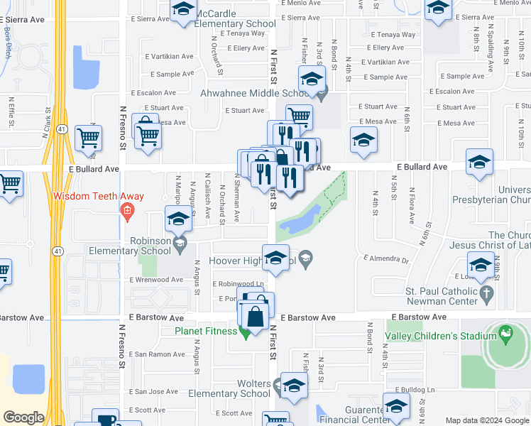 map of restaurants, bars, coffee shops, grocery stores, and more near 5688 North First Street in Fresno