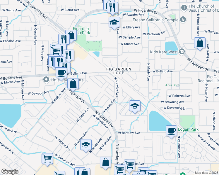 map of restaurants, bars, coffee shops, grocery stores, and more near 4023 West Peach Tree Lane in Fresno