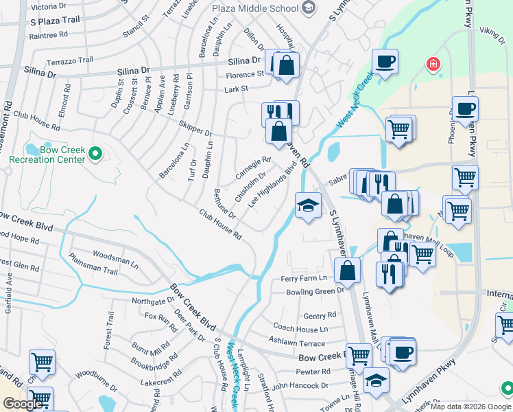 map of restaurants, bars, coffee shops, grocery stores, and more near 457 Drake Court in Virginia Beach
