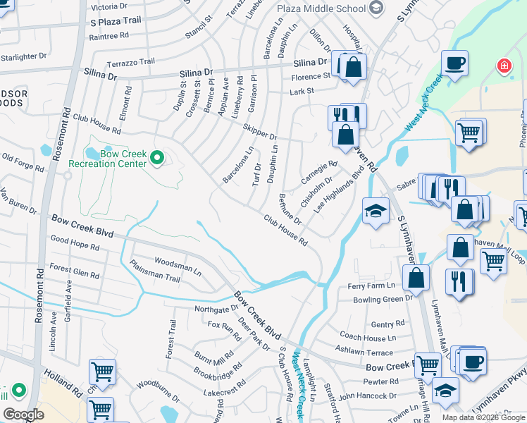 map of restaurants, bars, coffee shops, grocery stores, and more near 3249 Club House Road in Virginia Beach