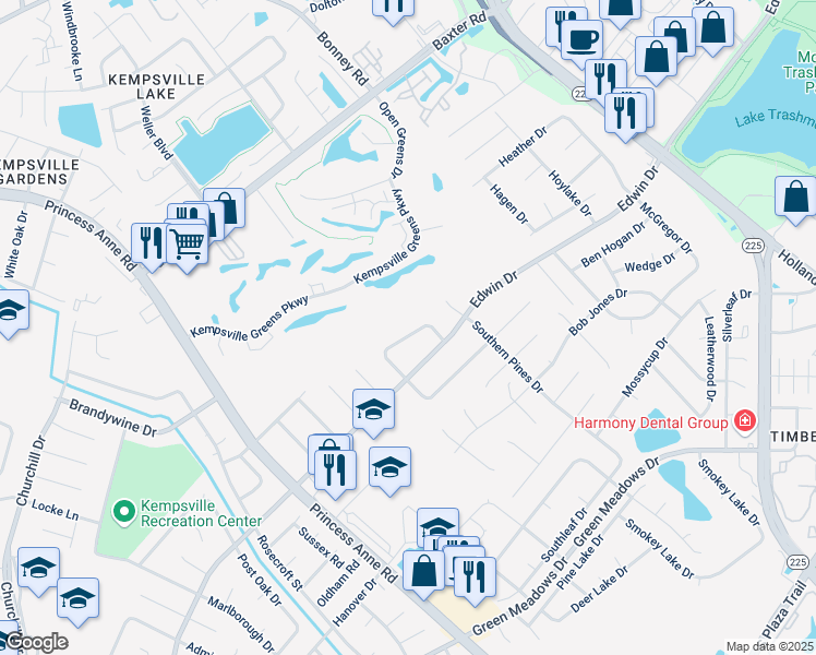 map of restaurants, bars, coffee shops, grocery stores, and more near 629 Meadows Drive in Virginia Beach