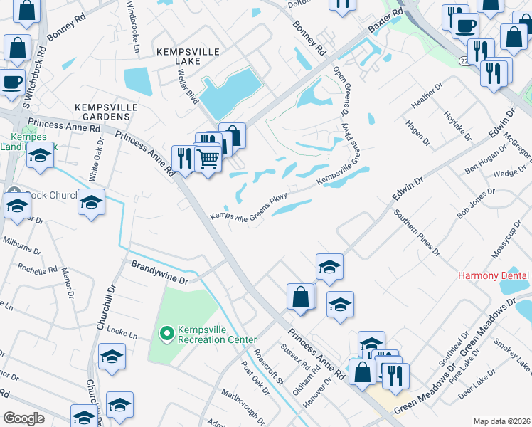 map of restaurants, bars, coffee shops, grocery stores, and more near 4847 Kempsville Greens Parkway in Virginia Beach