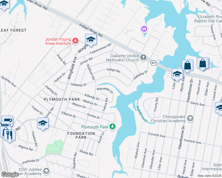 map of restaurants, bars, coffee shops, grocery stores, and more near 3029 Yakima Road in Chesapeake