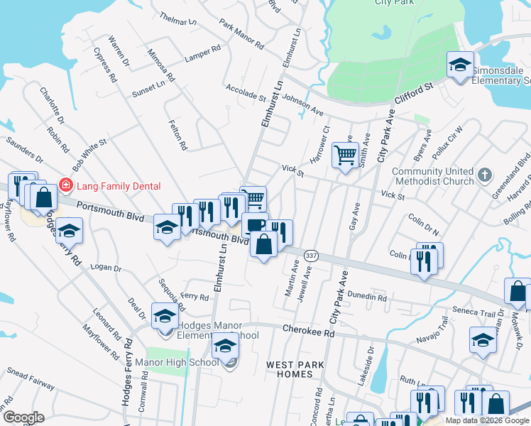 map of restaurants, bars, coffee shops, grocery stores, and more near 5610 Portsmouth Boulevard in Portsmouth