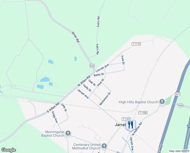 map of restaurants, bars, coffee shops, grocery stores, and more near 201 Batte Street in Jarratt
