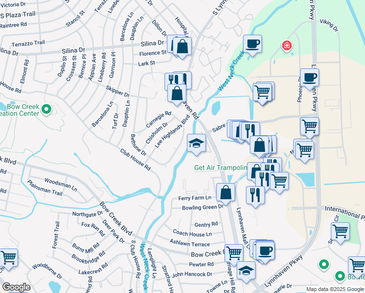 map of restaurants, bars, coffee shops, grocery stores, and more near 649 Bethune Drive in Virginia Beach