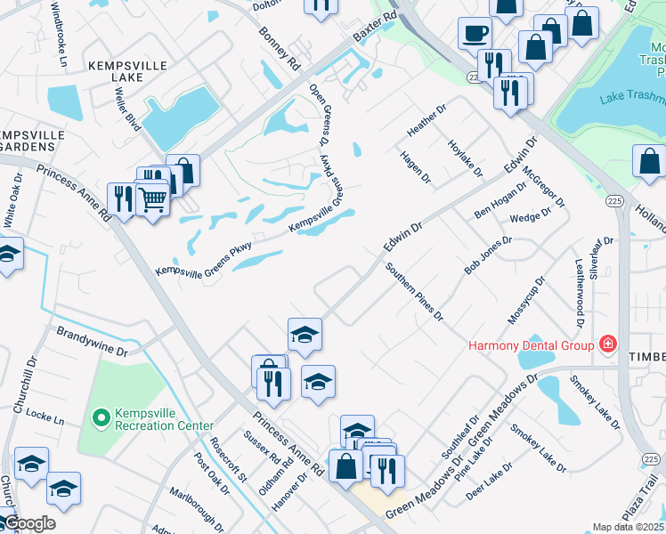 map of restaurants, bars, coffee shops, grocery stores, and more near 629 Meadows Drive in Virginia Beach