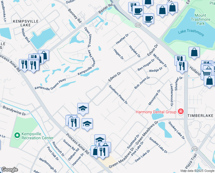 map of restaurants, bars, coffee shops, grocery stores, and more near 632 Edwin Drive in Virginia Beach