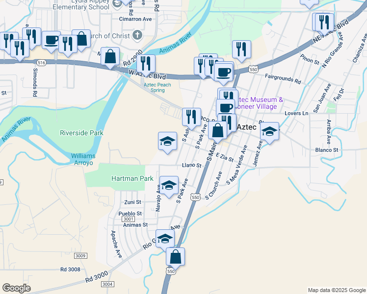 map of restaurants, bars, coffee shops, grocery stores, and more near 399 South Ash Street in Aztec