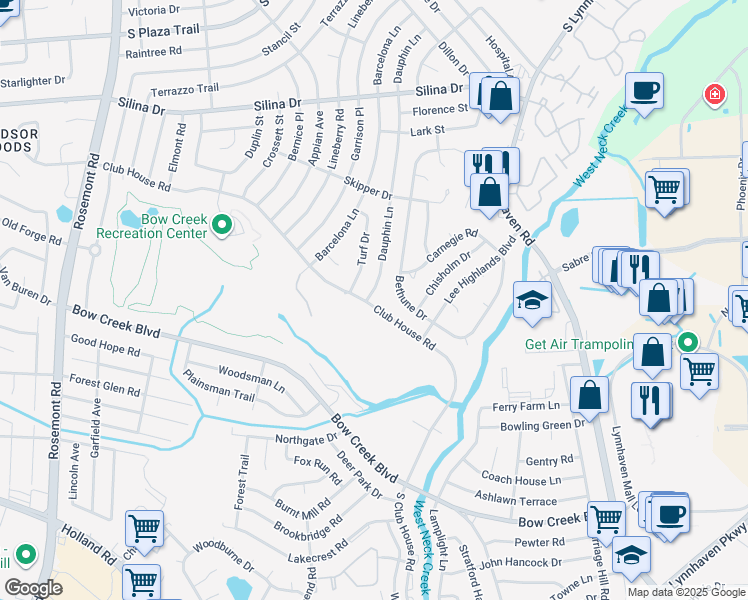 map of restaurants, bars, coffee shops, grocery stores, and more near 3249 Club House Road in Virginia Beach